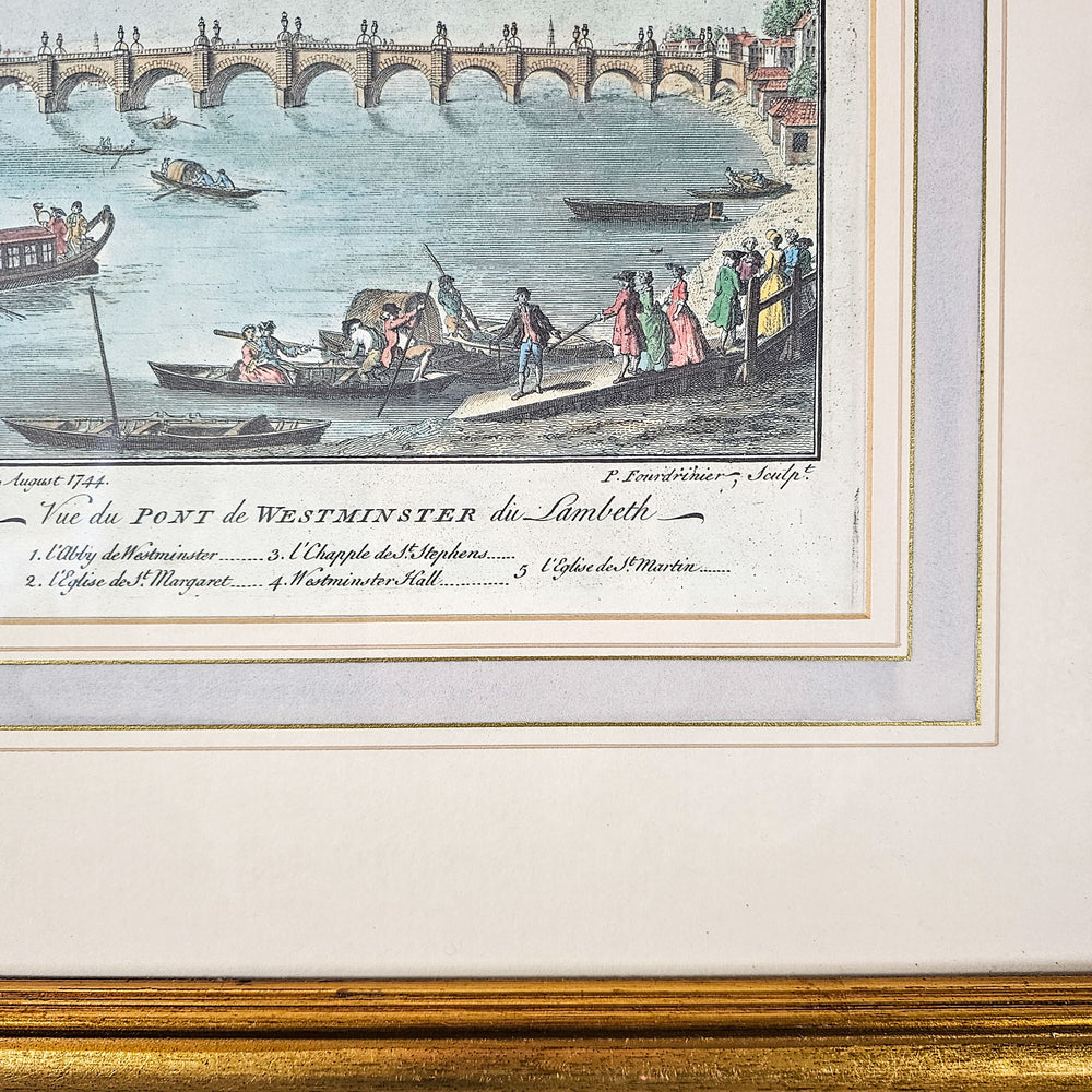 A gilt framed antique engraving from the 1800's showing an depiction of Westminster Bridge as it was is 1754