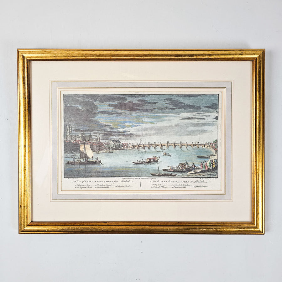 Authentic framed antique engraving or print from the Gergian era. Featuring a drawing of Westminster Bridge in 1754. 