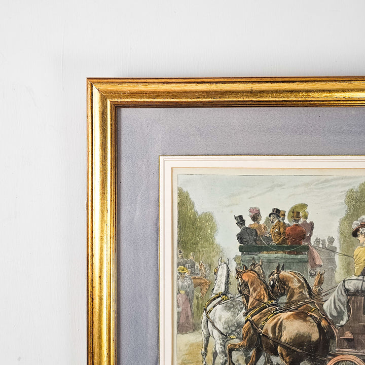 Hand-coloured antique engraving: horse-drawn carriages in blue mount