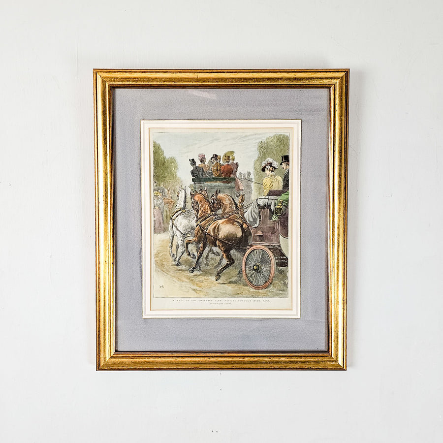 Antique hand-coloured engraving: "A Meet of The Coaching Club" in gold frame