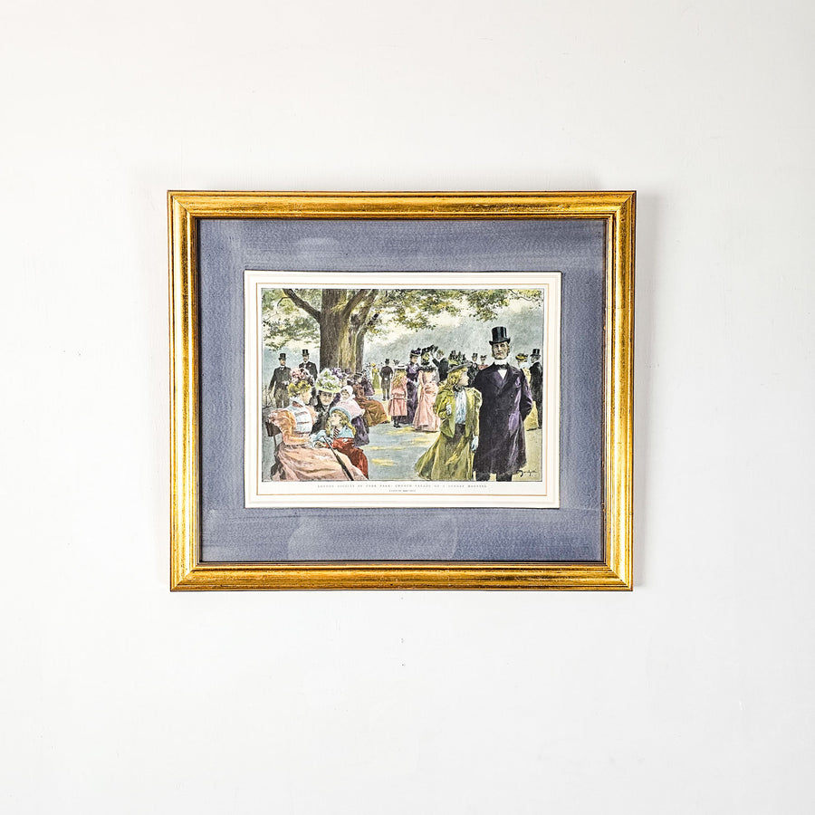 Front View: A Victorian Engraving or Print of the high society in Hyde Park during the Victorian era. Mounted with a blue surround within a gilt frame. Glazed and ready to hang.