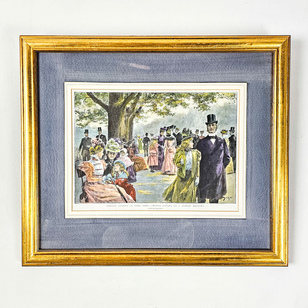 Front View: A 19th Century Engraving or Print of the high society in Hyde Park during the Victorian era. Mounted with a blue surround within a gilt frame. Glazed and ready to hang.