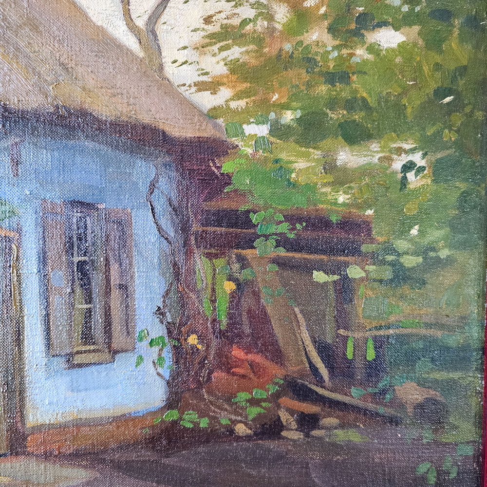Close-up detail of J. Van Elst's oil painting showcasing the textured brushwork on the cottage and surrounding foliage.