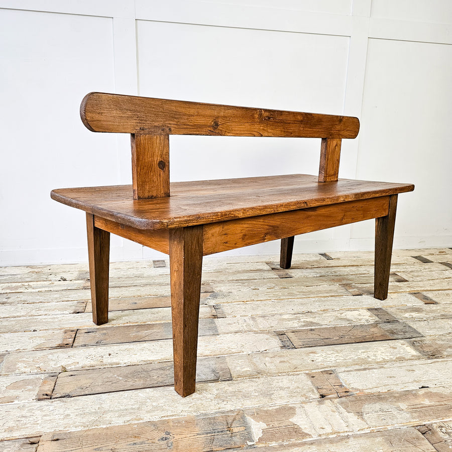 Antique Early 20th Century Pitch Pine Station Bench with Worn Patina and Central Backrest