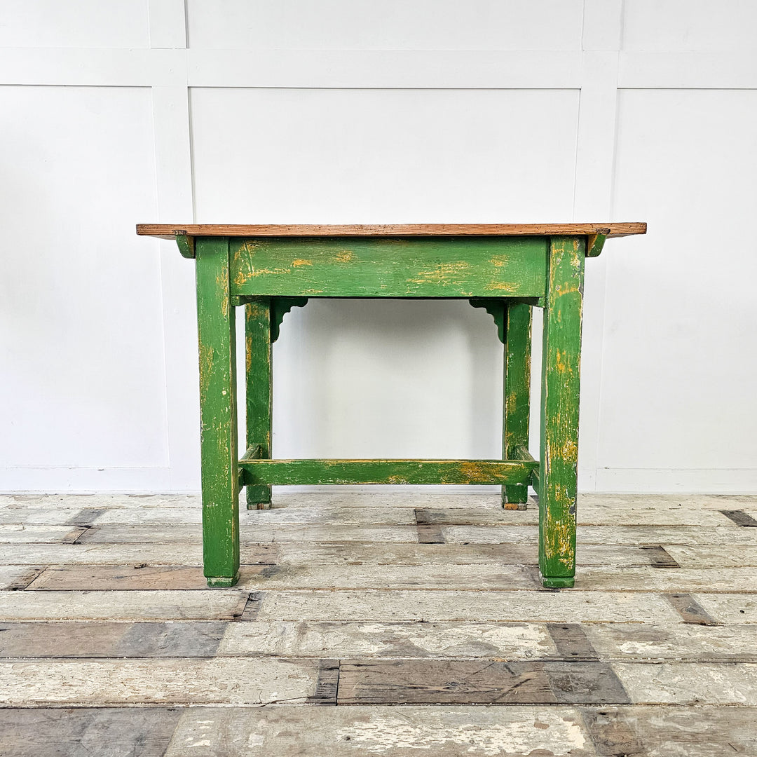 A small antique pine prep table from the early 20th century with green painted base and waxed pine top - Back View