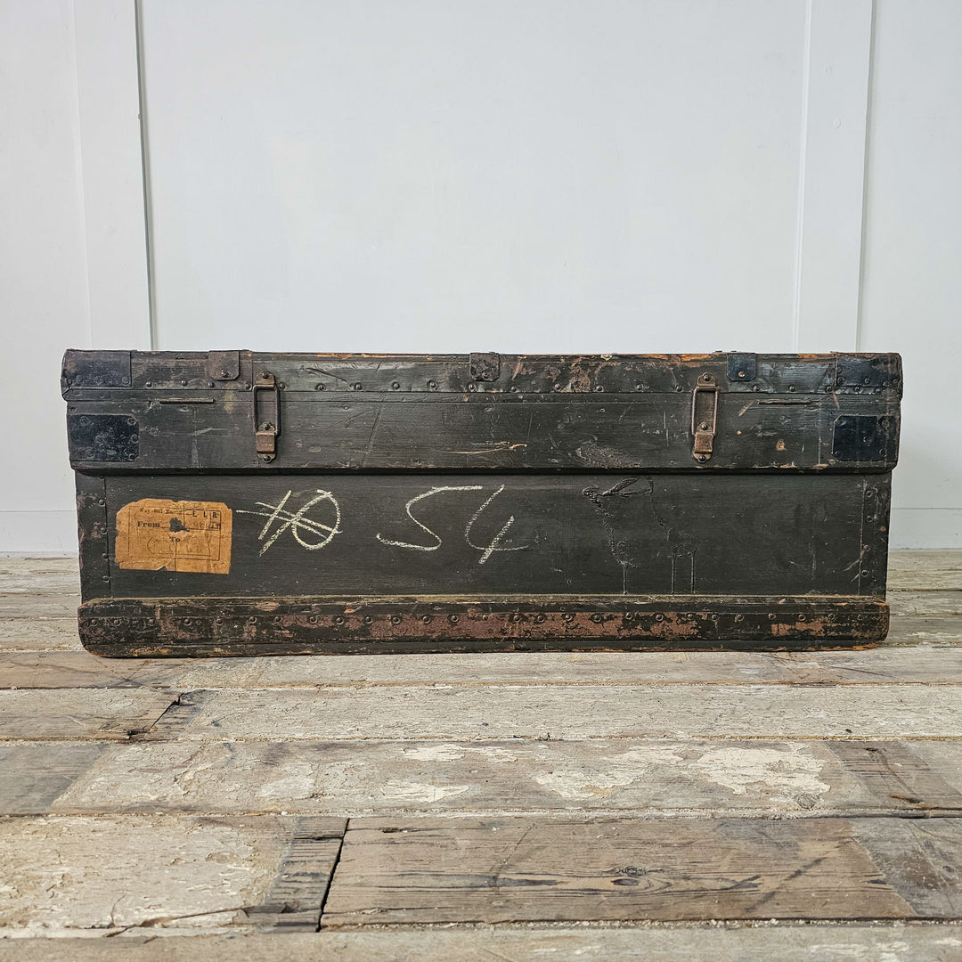 Antique Pine Military Chest: Original zinc lining, shipping labels intact. Versatile storage rich in history