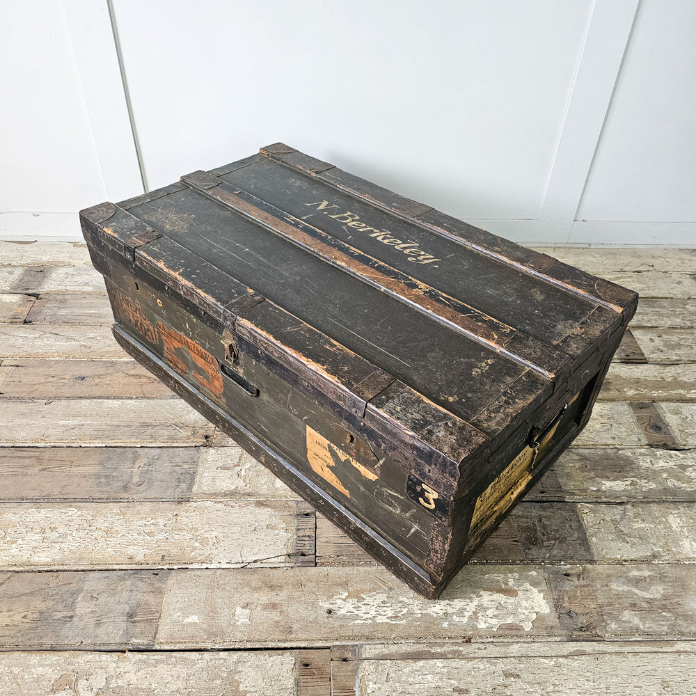 Antique Pine Military Chest with original zinc lining and shipping labels, perfect for vintage decor enthusiasts.