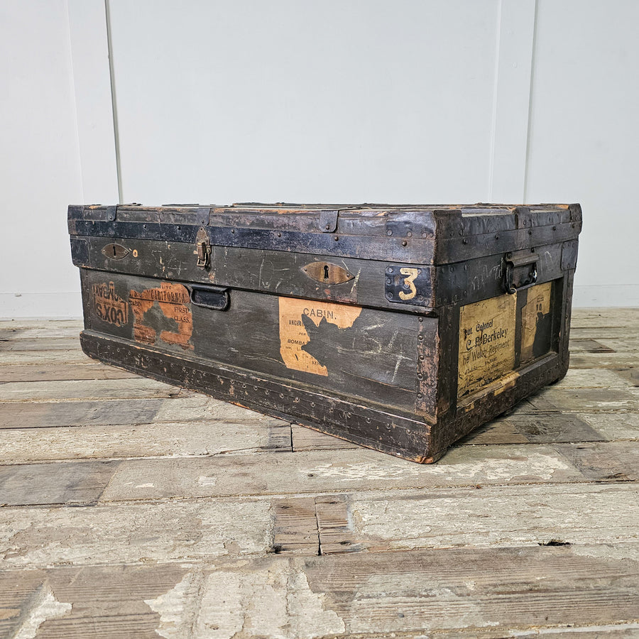 Antique Pine Military Chest with original zinc lining and shipping labels, belonged to Colonel Lieut. Christopher Robert Berkley of The Welsh Regiment