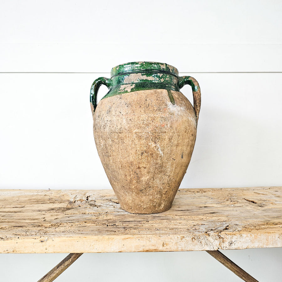 Vintage Turkish pot with green glaze, ideal for home décor