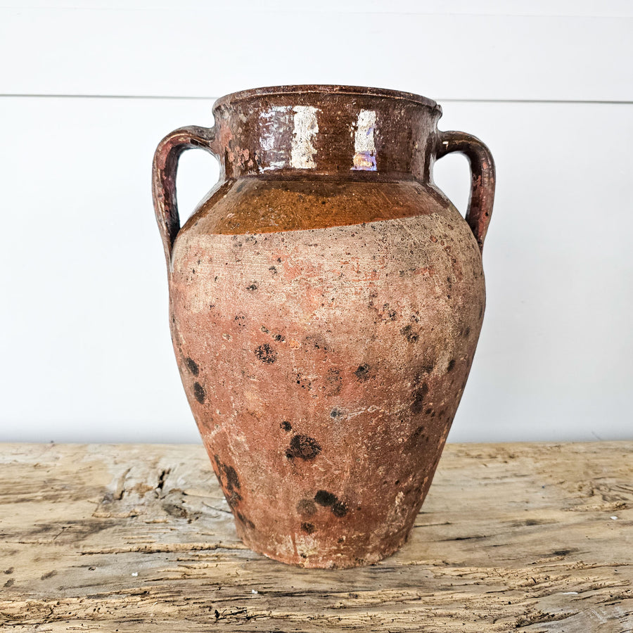 Antique Glazed Turkish Pot with Chestnut Brown Rim