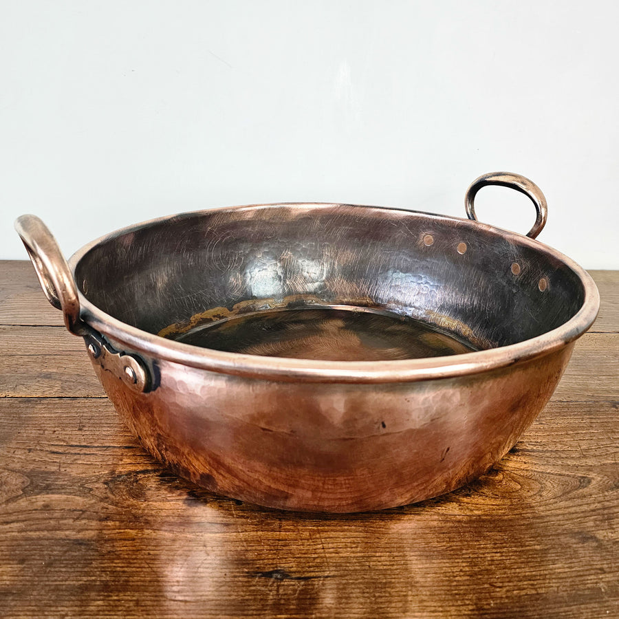 Antique copper pan with twin brass handles, Victorian era kitchenware