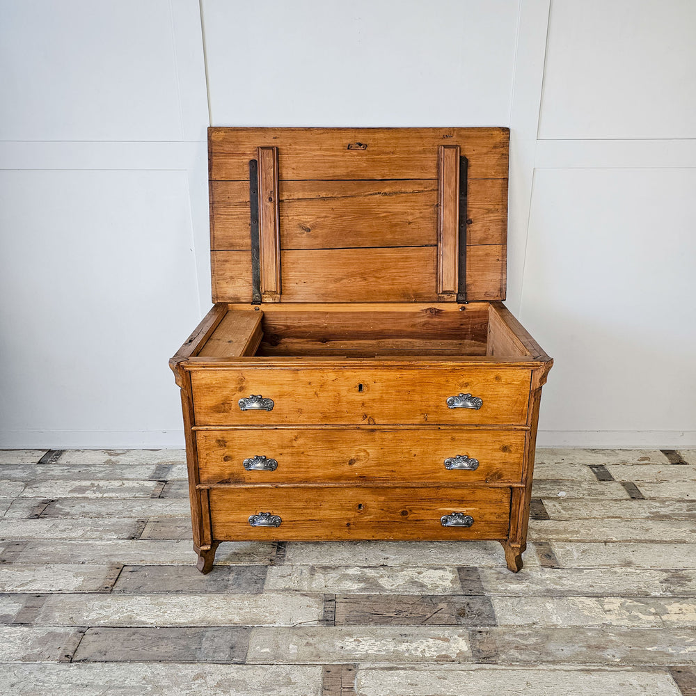 Antique European Pine Mule Chest: Lift the hinged top for convenient access to interior storage.