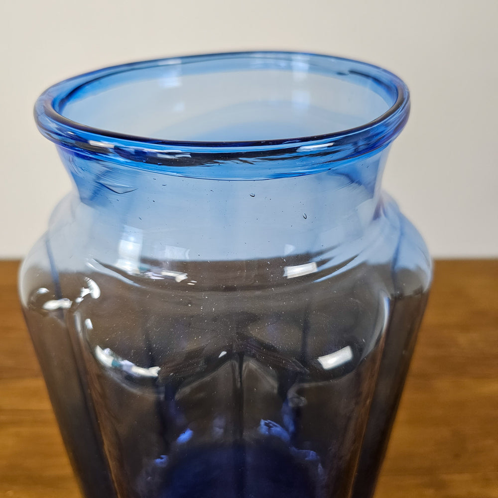 Large Blue Glass Jar with Fluted Design and Vibrant Blue Glass