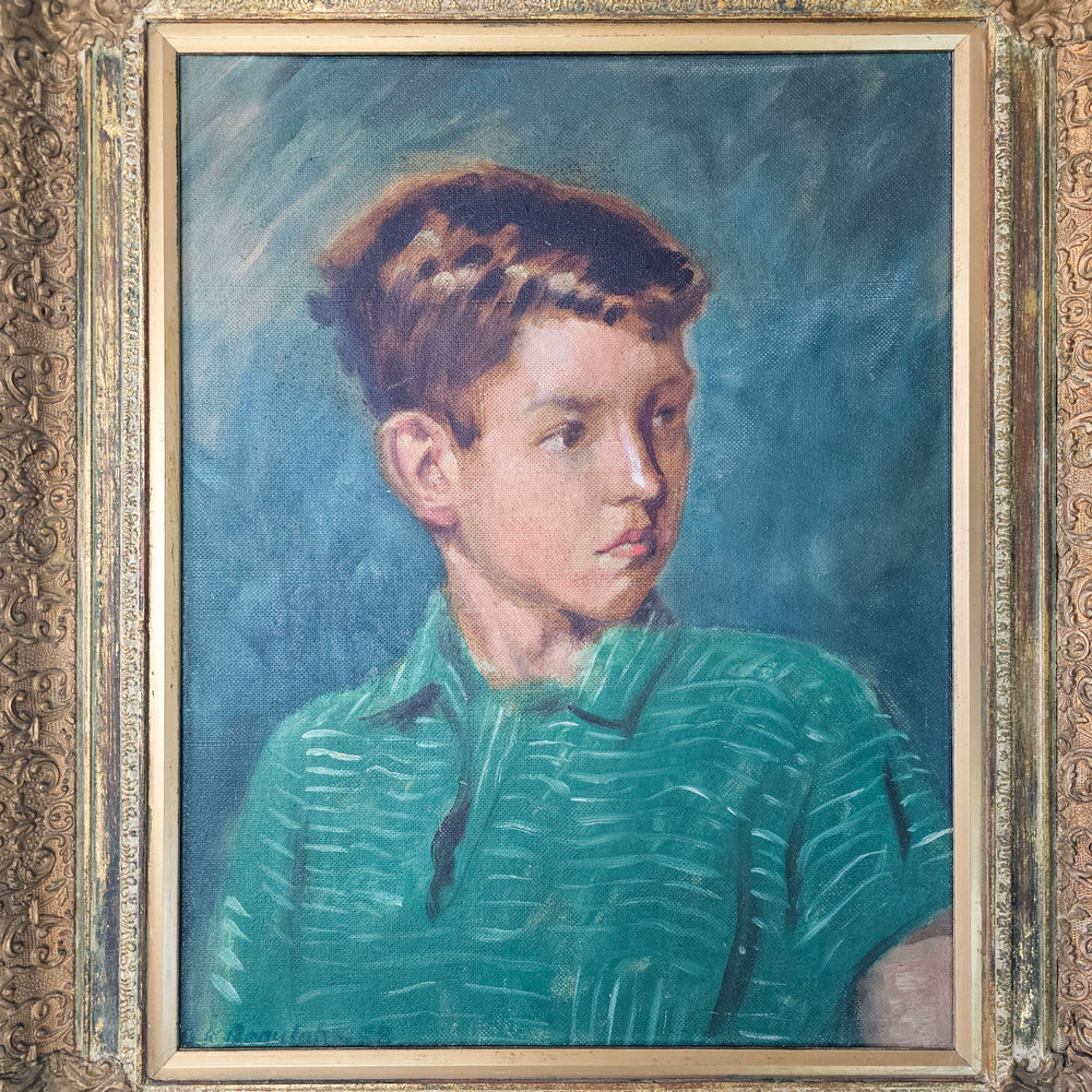 Vintage mid-century oil painting with gilt frame. Portrait of young boy, Adrian Knight, by artist G.K. Beaulah. Rich shades of green.