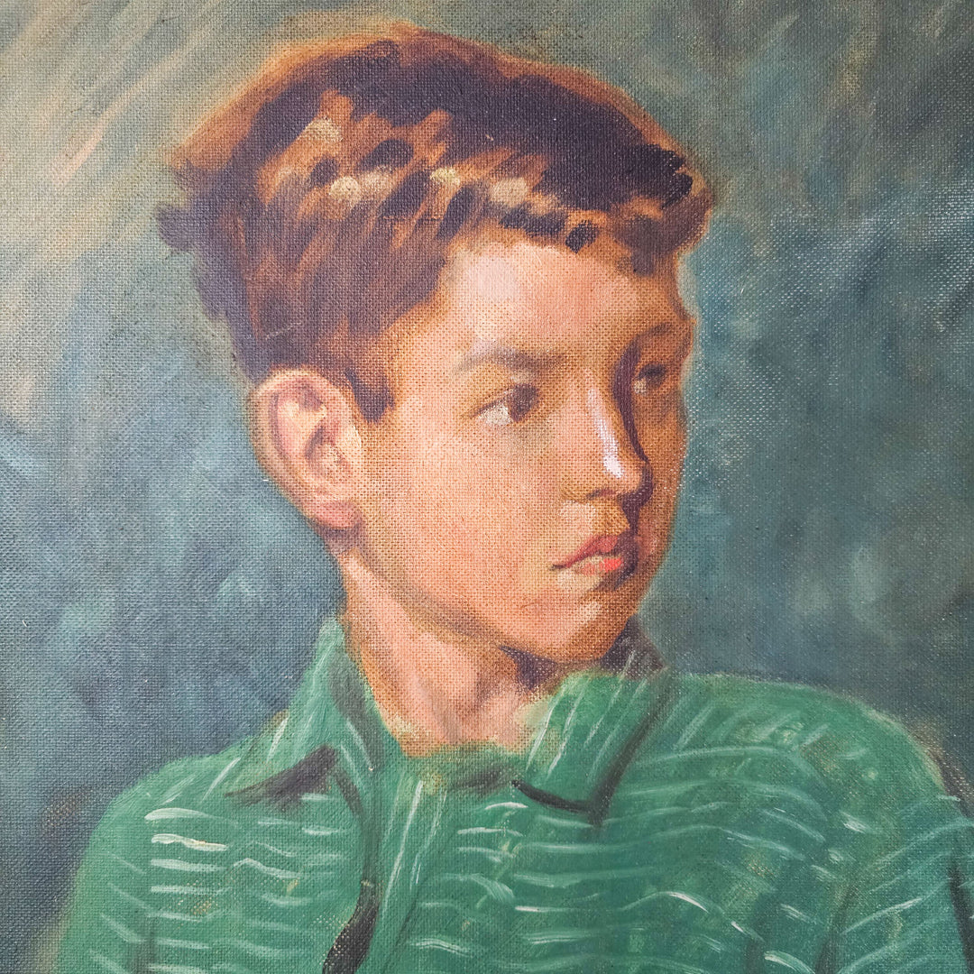 Vintage oil painting from the mid-20th century featuring a portrait of a young boy named Adrian Knight in shades of green. Signed by artist G.K. Beaulah in gilt frame. Perfect for modern and traditional interiors, ideal for fireplace or gallery wall display.