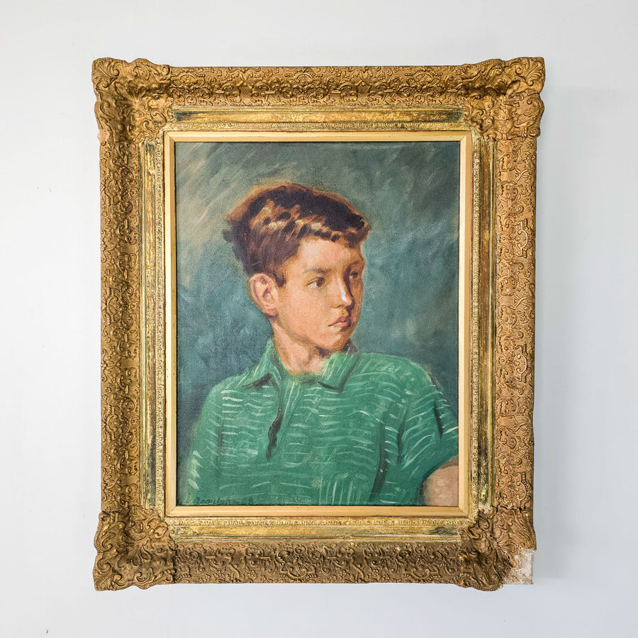 Vintage mid-century oil painting with portrait of young boy Adrian Knight by artist G.K. Beaulah. Rich green hues in gilt frame