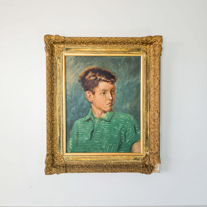 Vintage mid-century oil painting featuring portrait of young boy Adrian Knight by artist G.K. Beaulah, framed in gilt, rich green hues.