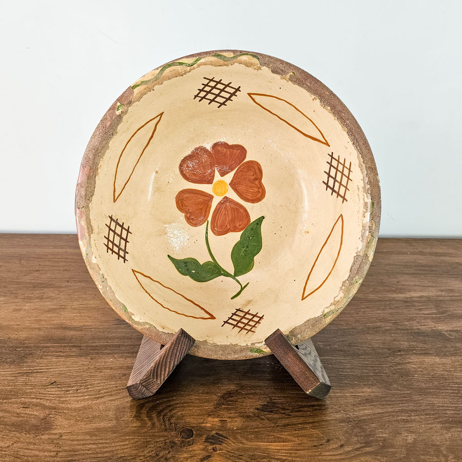 Antique terracotta bowl with folk-style hand-painted design, circa late 1800s Portugal