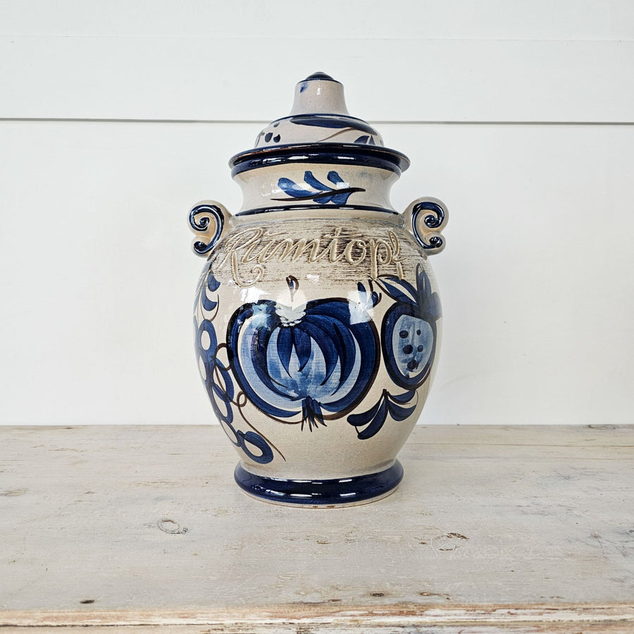Vintage West German Ceramic Rumtopf Jar with lid, mid-century style, glazed ceramic, embossed Rumtopf inscription, swirled scroll handles.