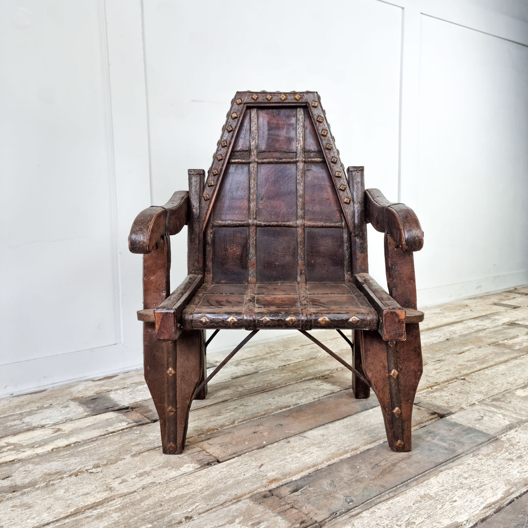 Small Early 20th Century Hardwood and Brass Chair with Rich Patina and Brass Stud Detailing