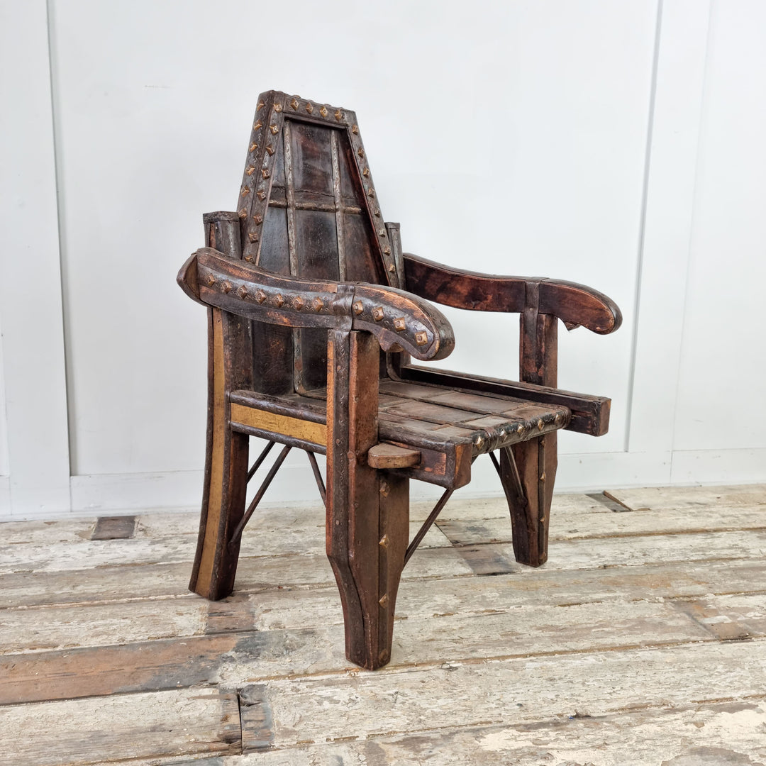 Small Early 20th Century Hardwood and Brass Chair with Rich Patina and Brass Stud Detailing