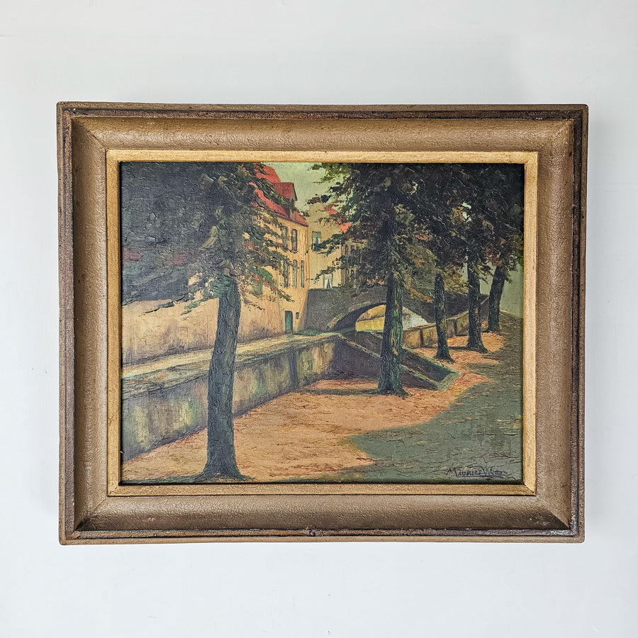 Vintage Continental Landscape Oil Painting circa 1940 - Full front view showcasing the serene canal scene on high-quality canvas, framed to perfection