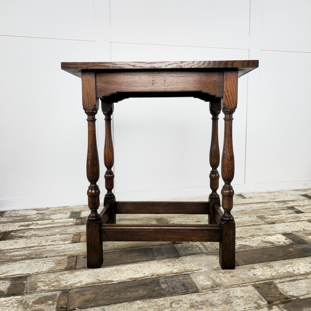 Vintage Oak End Table with thick oak top, shaped apron, and turned legs - a timeless piece of furniture from the 1930s