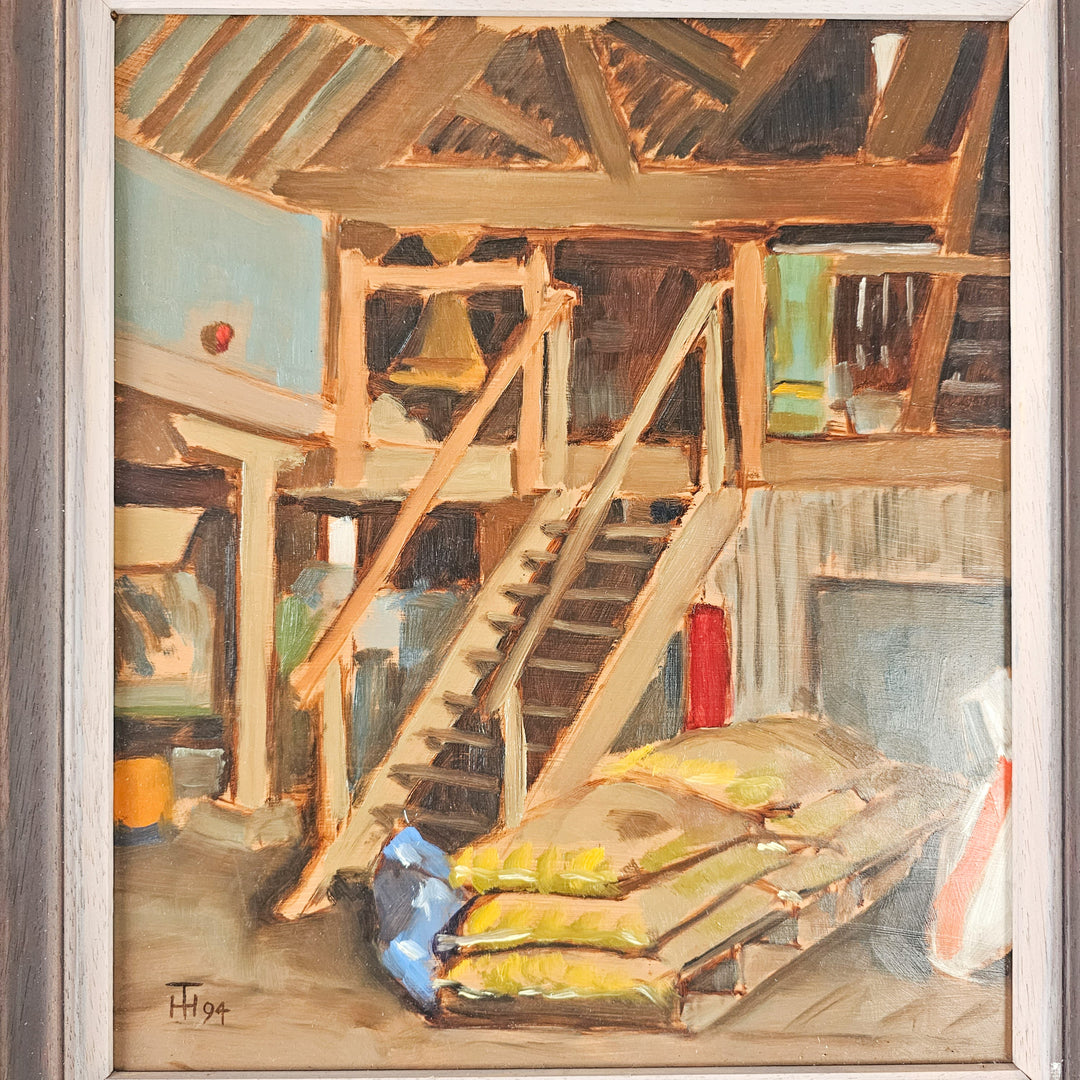 Vintage oil painting "In the Feed Mixing House" by Hugh Tasker, 1994. A rustic scene in rich oil colors, framed in wood