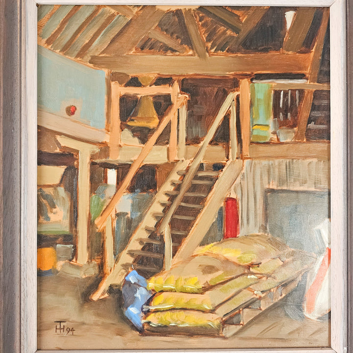 Vintage oil painting "In the Feed Mixing House" by Hugh Tasker, 1994. A rustic scene in rich oil colors, framed in wood