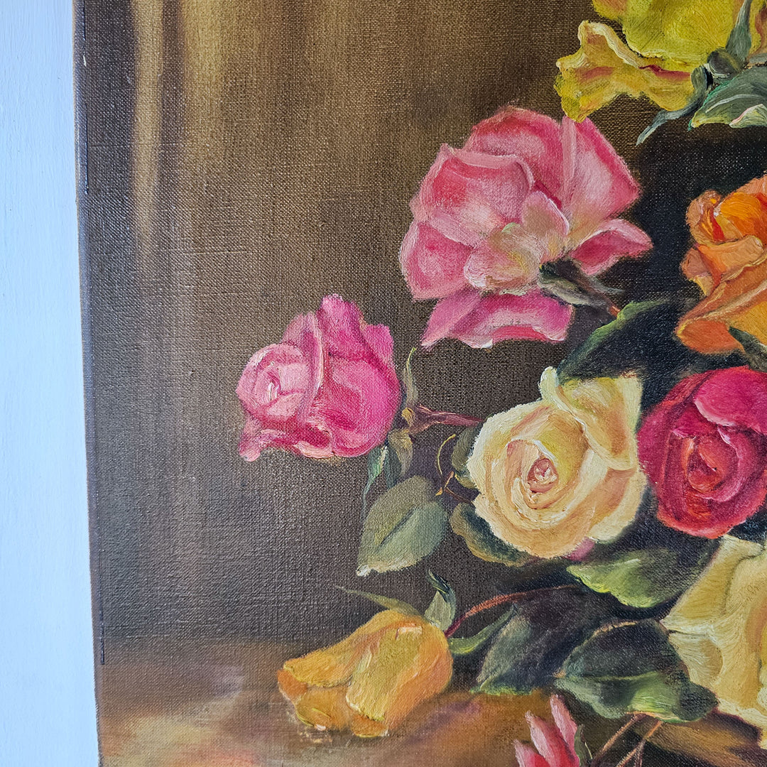 Partial view of a vintage oil painting showing the edge of a floral arrangement with roses and the shadowed outline of a vase on a reflective surface, displaying intricate brushwork and depth.