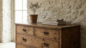 Antique 19th-century pine dresser base with original iron hardware against a lime-washed wall, representing the storage collection at Jennings & Cox.