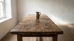 Antique 19th-century scrubbed pine farmhouse kitchen table with natural patina, set against a minimalist textured plaster wall.