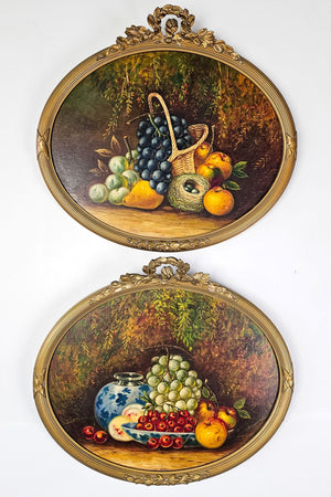 Large dutch oil painting of an idyllic cottage and greenery set within a copper coloured frame - front view