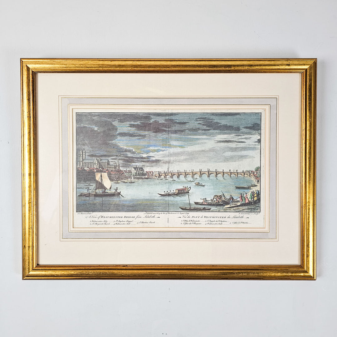 Authentic framed antique engraving or print from the Gergian era. Featuring a drawing of Westminster Bridge in 1754. 