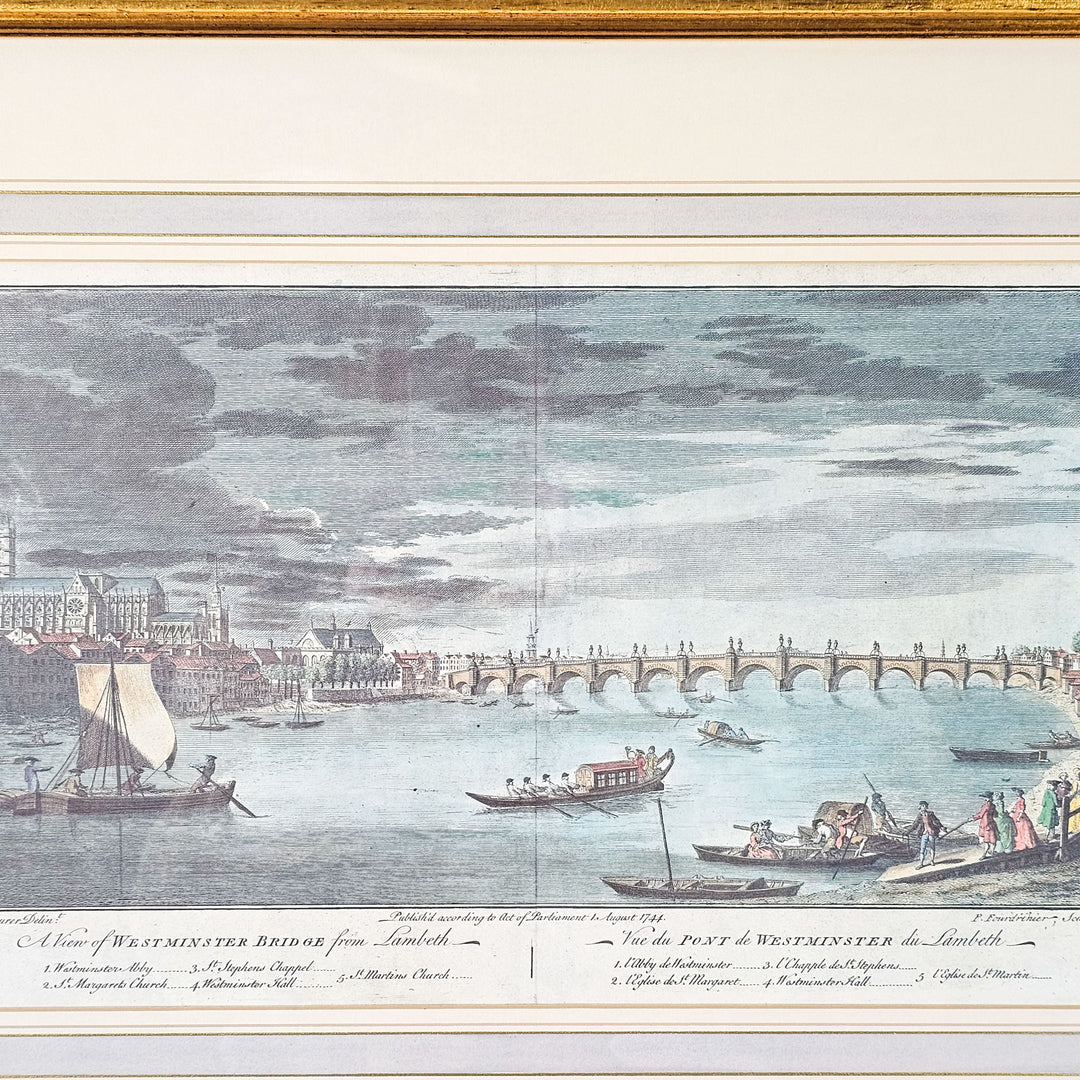 An antique print of Westminster Bridge in the 1700's, mounted and framed.