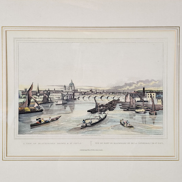 Detailed hand-coloured engraving of Blackfriars Bridge & St. Pauls from the 1800s