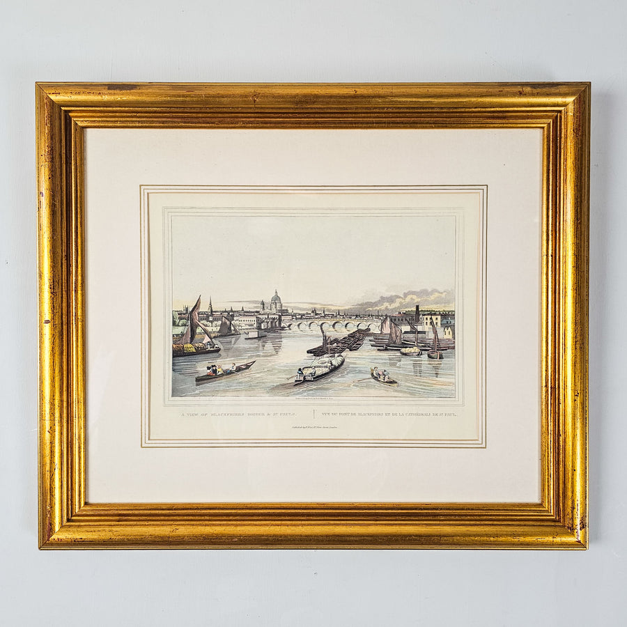 Antique hand-coloured engraving of Blackfriars Bridge & St. Pauls in a gold frame