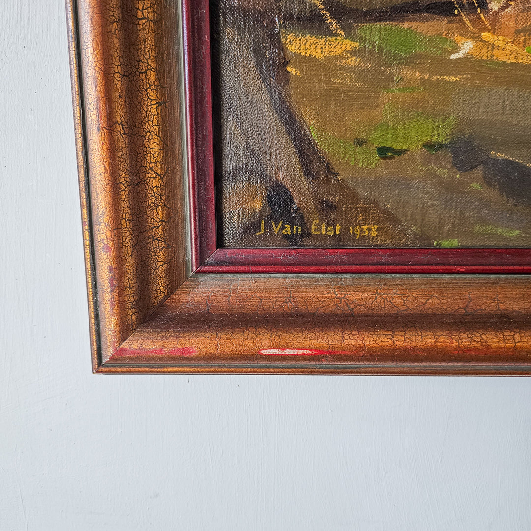 Signature of artist J. Van Elst with the year 1938, on the bottom corner of a Dutch pastoral oil painting.