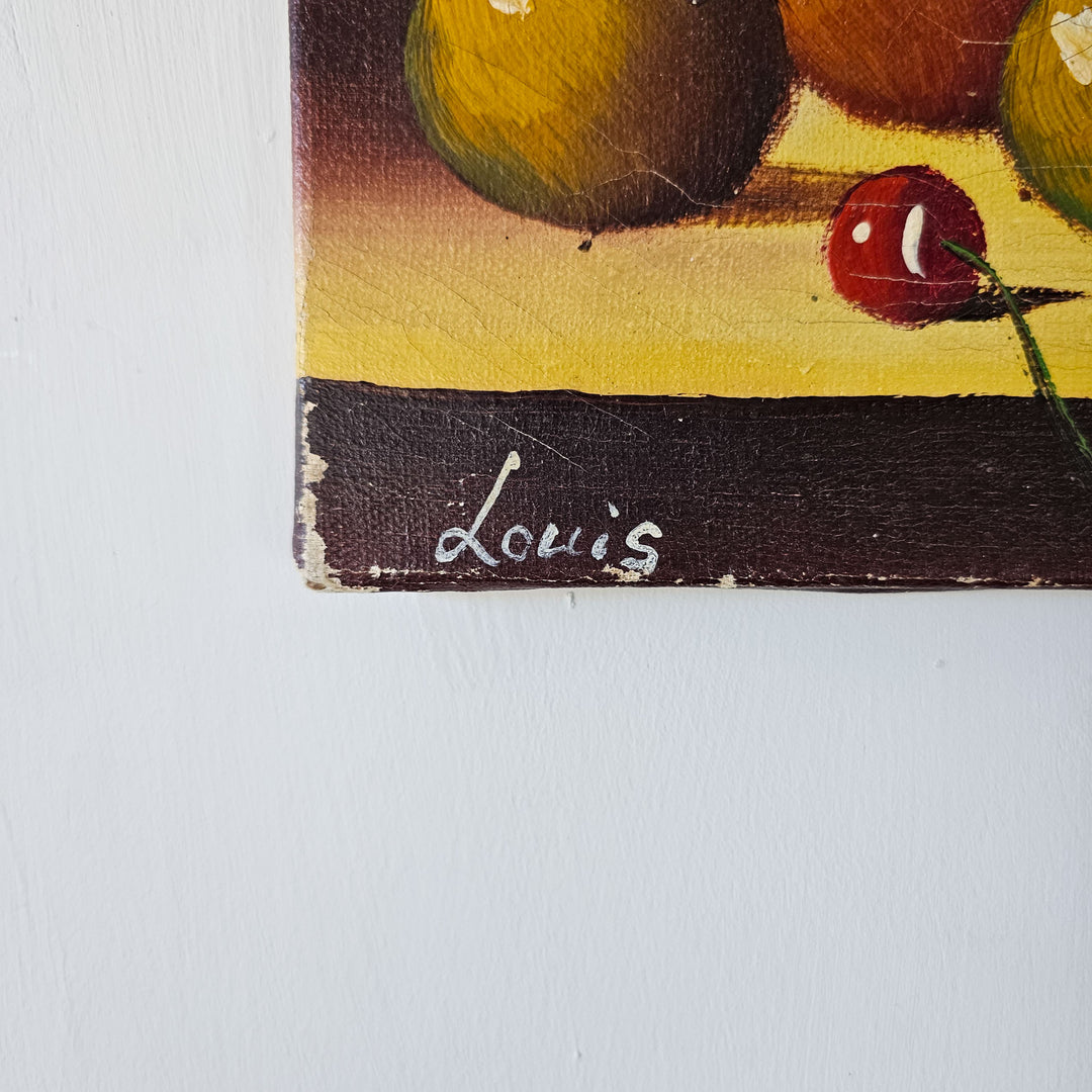 Artist's signature 'Louis' on a 19th-century oil painting, featuring a still life arrangement with a pastoral feel.