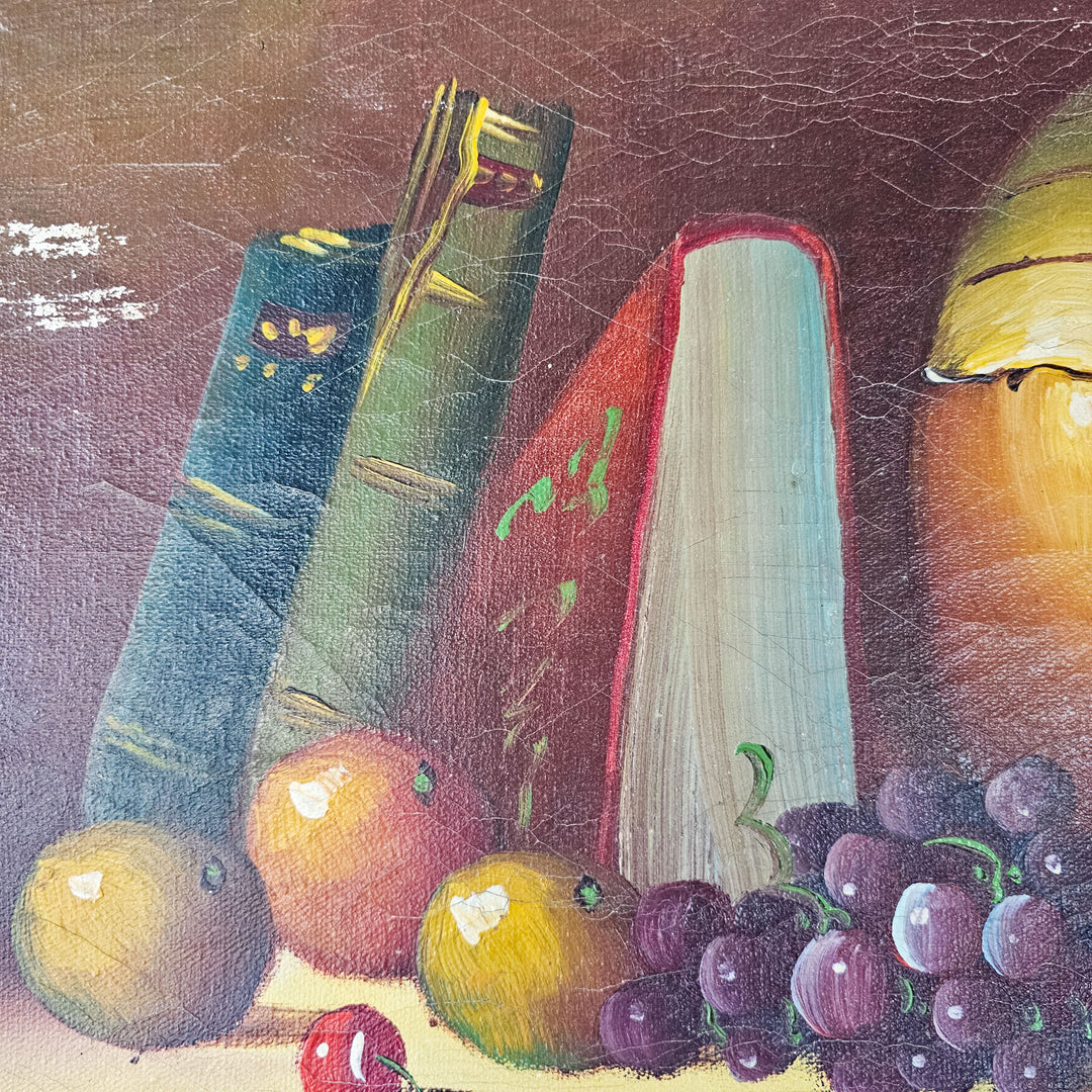 Detailed close-up of a French naïve painting highlighting the textured surface and rich colors of fruits and books.