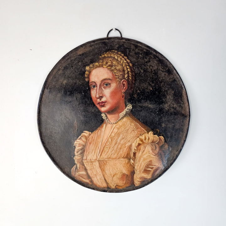 Late 19th-century oil painting on circular toleware lid featuring a finely dressed woman, perfect for interior decor.