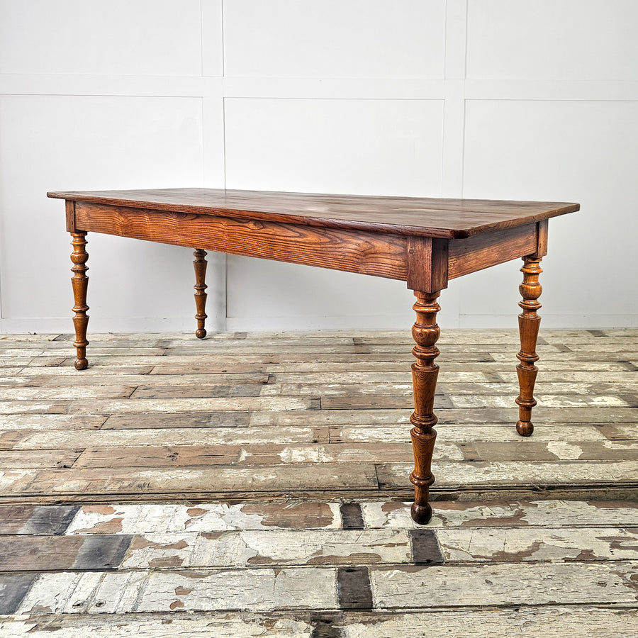 French antique farmhouse table with planked elm top and shaped turned legs, seats 6 to 8
