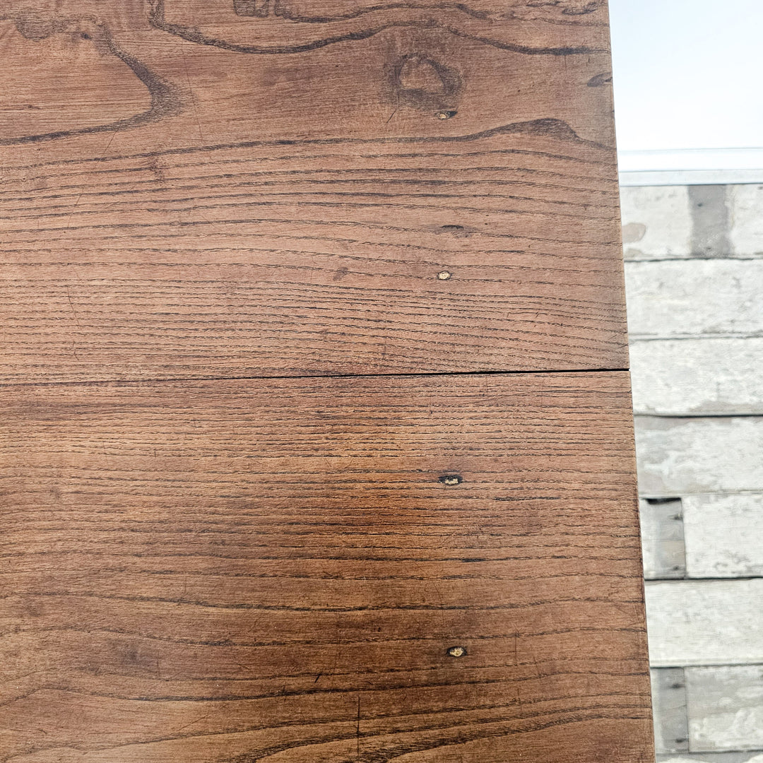 Antique elm top table with planked surface and turned fruitwood legs, ideal for kitchen or hallway
