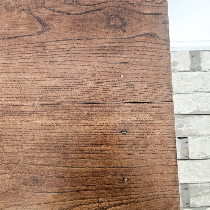 Antique elm top table with planked surface and turned fruitwood legs, ideal for kitchen or hallway
