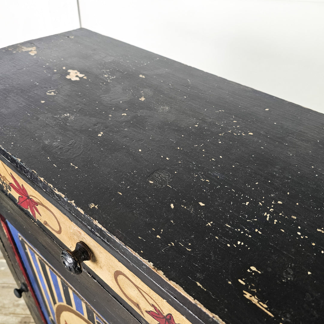 19th century French pine cabinet with painted folk decoration