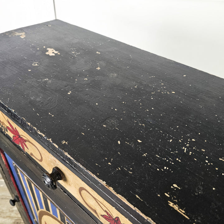 19th century French pine cabinet with painted folk decoration