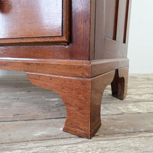 Antique oak Linen Press with upper shelving behind panelled doors and a lower section arranged with two over two drawers.