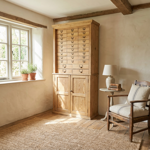An early 20th-century antique pine bank of drawers with a total of 34 drawers, each fitted with brass label holders and pull handles. A lower two-door cupboard includes fixed internal shelves, creating a practical pine storage unit with organised space for both small items and larger household belongings.