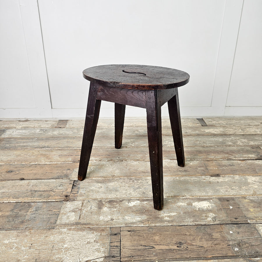 Antique oak tavern stools with oval seats and square legs, 19th century 