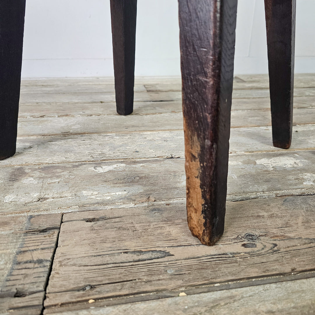 English oak stools from the 1800s, low profile design with strong legs and usable flat tops
